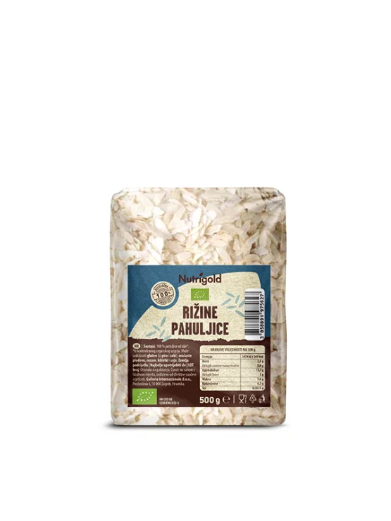 Nutrigold rižine pahuljice u prozirnom, plastičnom pakiranju od 500g.