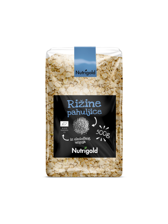 Nutrigold rižine pahuljice u prozirnom, plastičnom pakiranju od 500g.