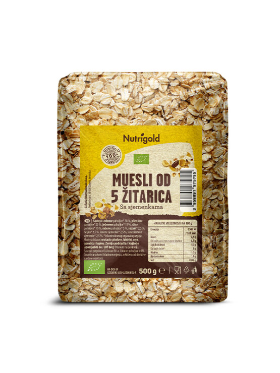 Muesli od 5 žitarica sa sjemnkama dolazi u prozirnom pakiranju od 500g.