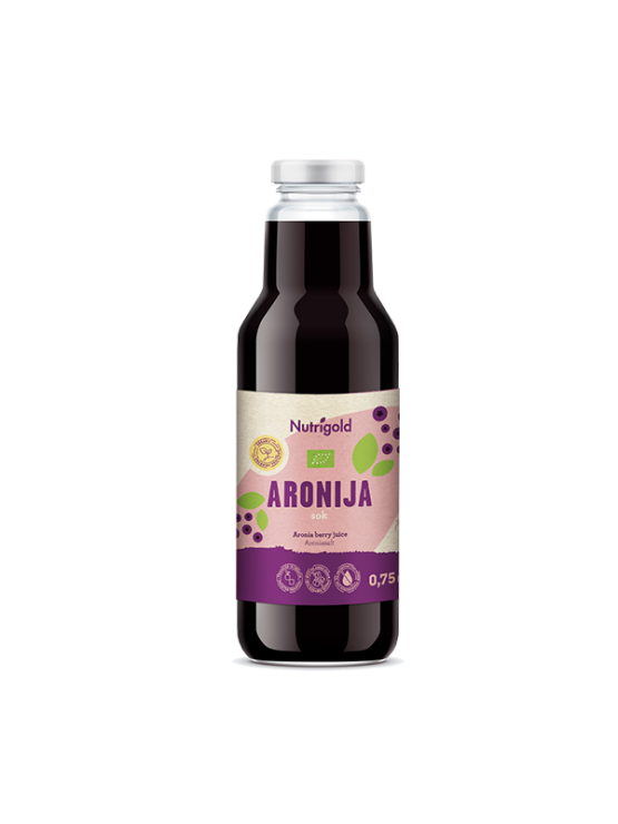Nutrigold tamni sok od aronije iz organskog uzgoja u staklenoj boci od 750 ml.