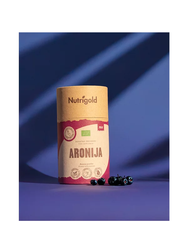 Nutrigold organska aronija u prahu u smeđoj ambalaži od 200g
