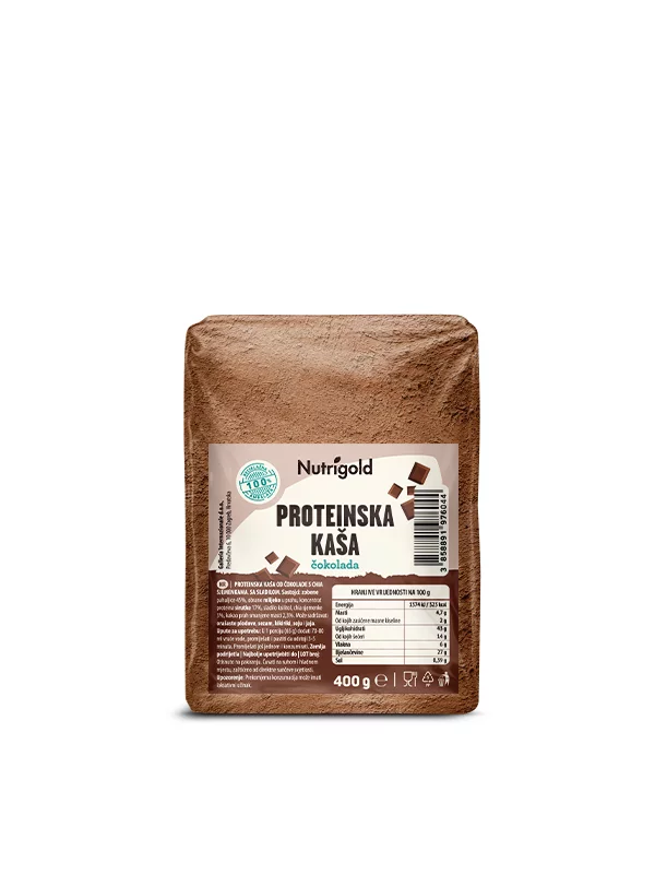 Nutrigold proteinska kaša od čokolade s dodatkom chia sjemenki u prozirnoj ambalaži od 400 grama