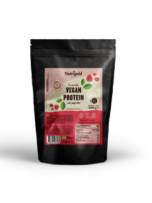 Organski Nutrigold veganski proteini s okusom jagode u tamnoj ambalaži od 1000g