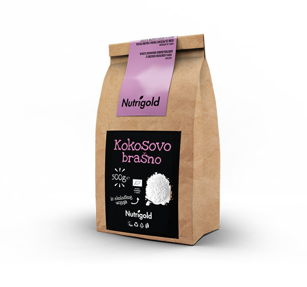 Organsko Nutrigold kokosovo brašno u smeđoj papirnatoj ambalaži od 500 grama.