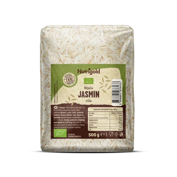 Nutrigold Jasmin riža organska u prozirnoj plastičnoj ambalaži 500g
