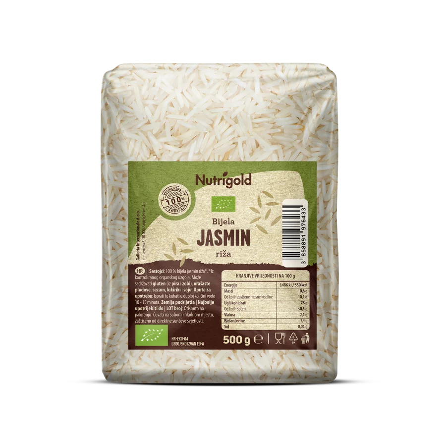 Nutrigold Jasmin riža organska u prozirnoj plastičnoj ambalaži 500g