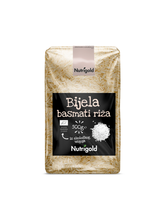 Nutrigold bijela basmati riža u prozirnoj, plastičnoj ambalaži od 500g.