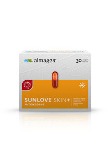 Almagea Sunlove Skin+ antioksidans u kartonskoj ambalaži koja sadrži 30 kapsula