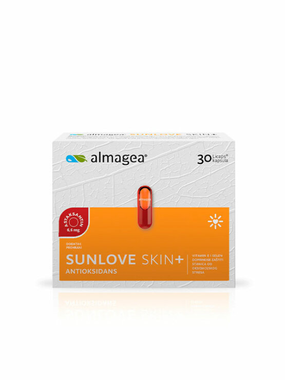 Almagea Sunlove Skin+ antioksidans u kartonskoj ambalaži koja sadrži 30 kapsula