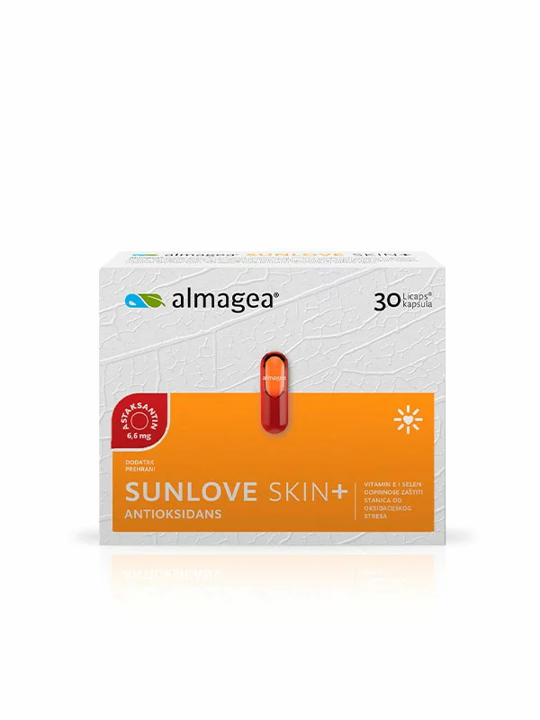 Almagea Sunlove Skin+ antioksidans u kartonskoj ambalaži koja sadrži 30 kapsula