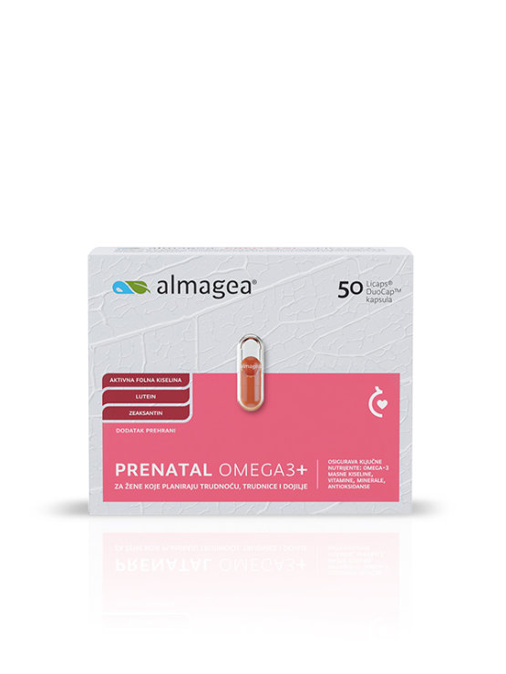 Almagea Prenatal Omega3+ u kartonskom pakiranju koje sadrži 50 kapsula