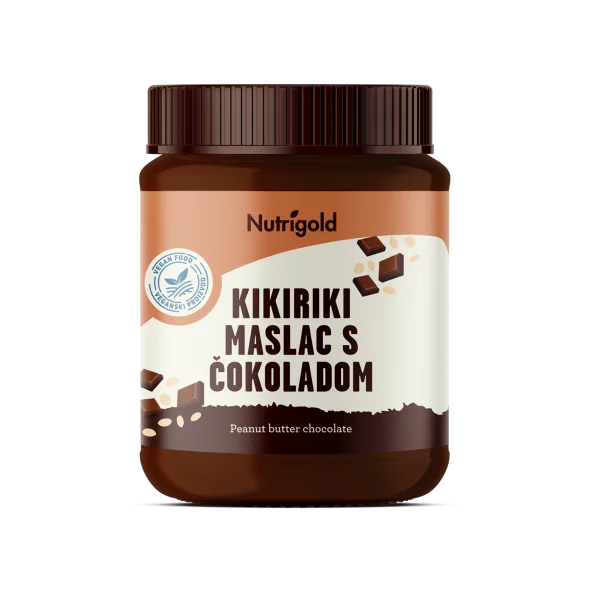 Nutrigold kikiriki maslac s čokoladom u prozirnoj, plastičnoj ambalaži.