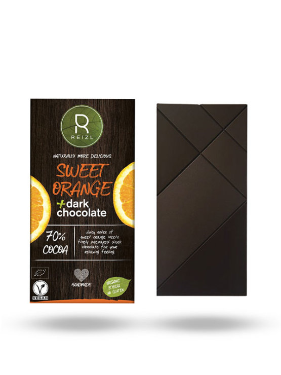Veganska tamna čokolada sa slatkom narančom u kartonskoj ambalaži od 70g.