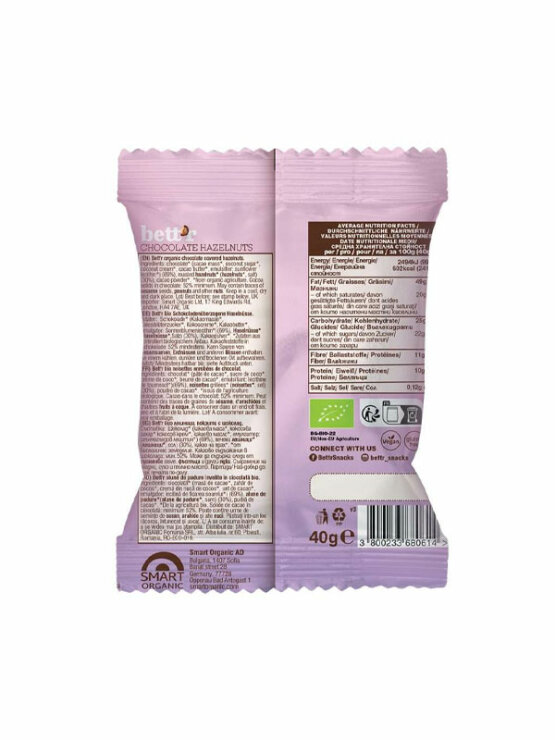 Lješnjaci preliveni čokoladom u plastičnoj ambalaži od 40g.