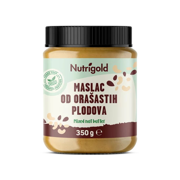 Nutrigold maslac od orašastih plodova u prozirnom plastičnoj ambalaži od 500g.