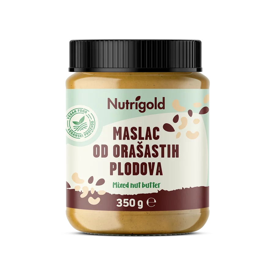 Nutrigold maslac od orašastih plodova u prozirnom plastičnoj ambalaži od 500g.