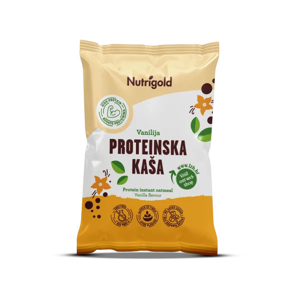 Nutrigold proteinska kaša vanilija u žutom, plastičnom pakiranju od 65g.