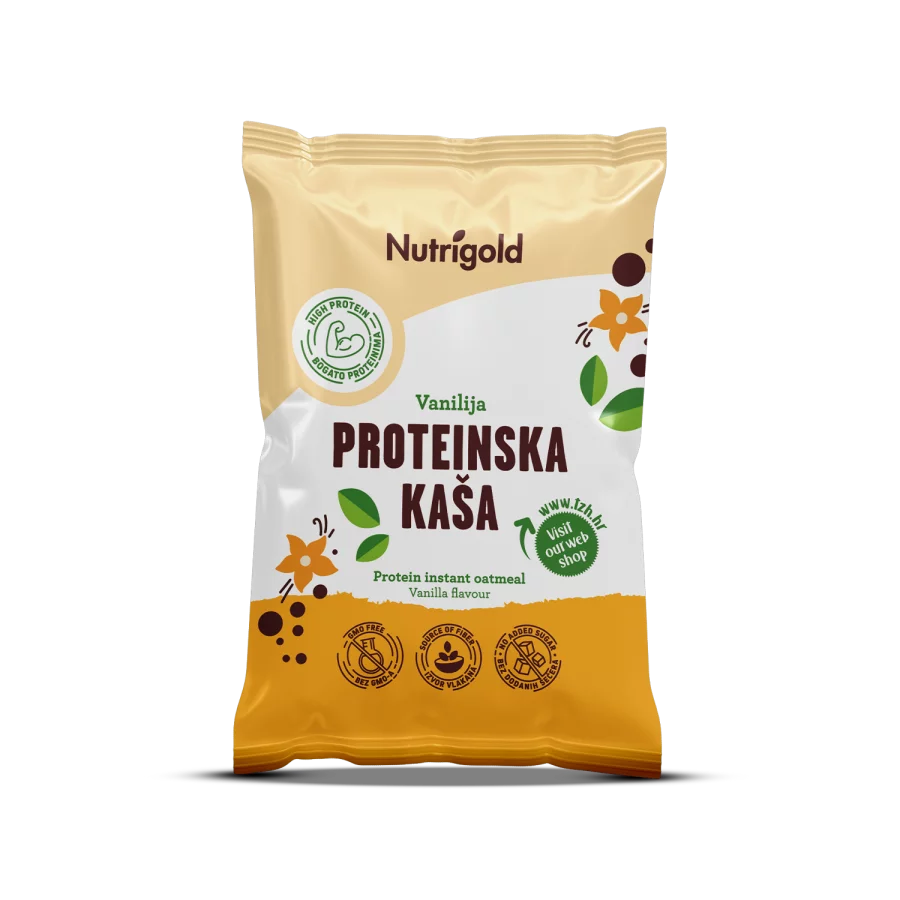 Nutrigold proteinska kaša vanilija u žutom, plastičnom pakiranju od 65g.