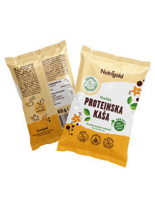 Nutrigold proteinska kaša vanilija u žutom, plastičnom pakiranju od 65g.