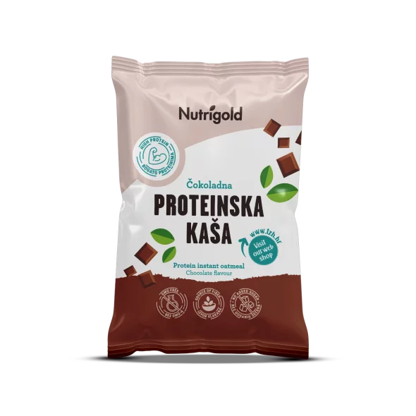 Nutrigold proteinska čokolada u smeđoj, plastičnoj ambalaži od 65g.