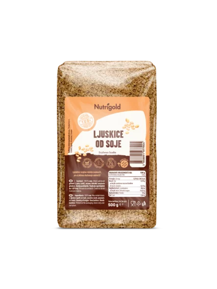 Nutrigold ljuskice od soje u prozirnoj, plastičnoj ambalaži od 500g.