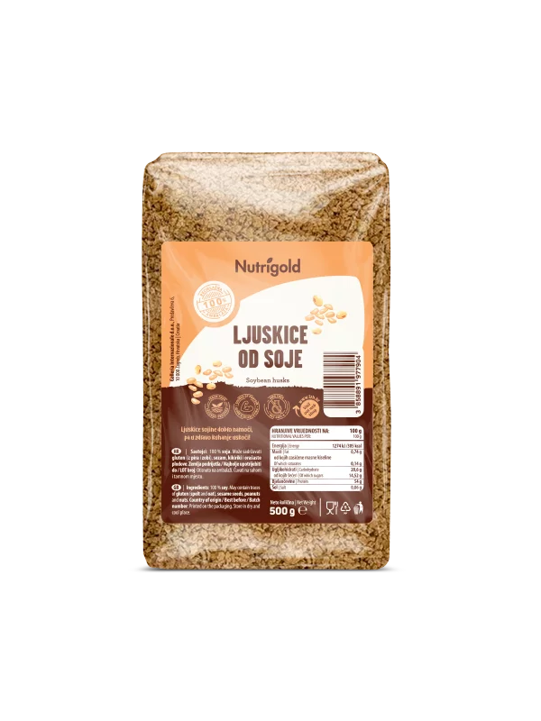 Nutrigold ljuskice od soje u prozirnoj, plastičnoj ambalaži od 500g.