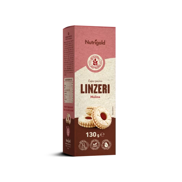 Nutrigold Linzer čajno pecivo bez glutena s punjenjem od maline u pakiranju od 130g