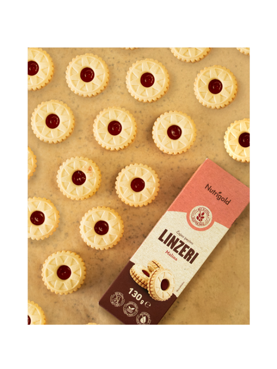 Nutrigold Linzer čajno pecivo bez glutena s punjenjem od maline u pakiranju od 130g