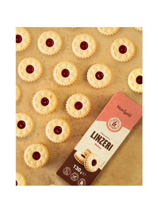 Nutrigold Linzer čajno pecivo bez glutena s punjenjem od maline u pakiranju od 130g