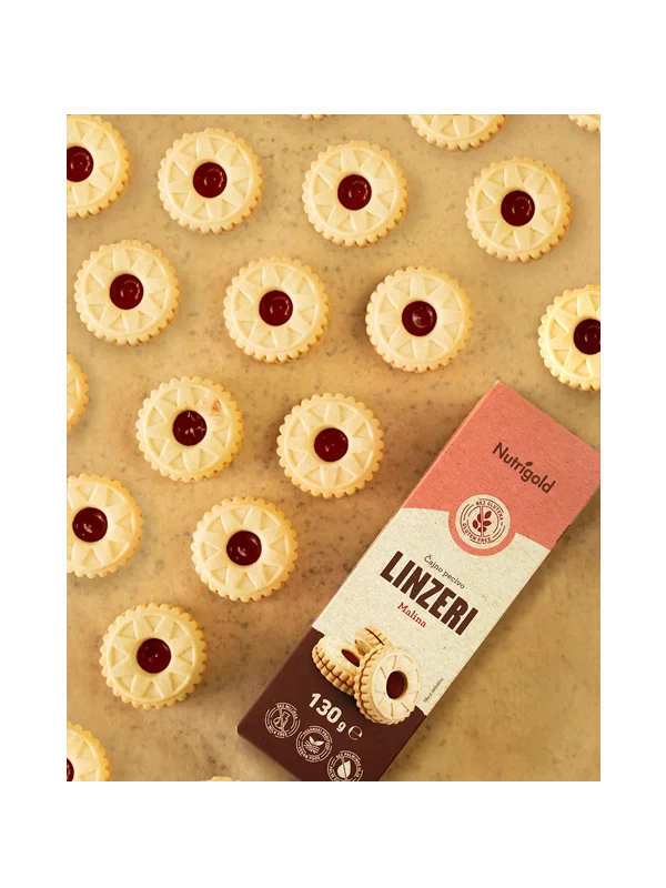 Nutrigold Linzer čajno pecivo bez glutena s punjenjem od maline u pakiranju od 130g
