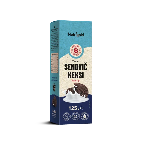 Nutrigold tamni sendvič keksi bez glutena s punjenjem od vanilije bez glutena u pakiranju od 125g