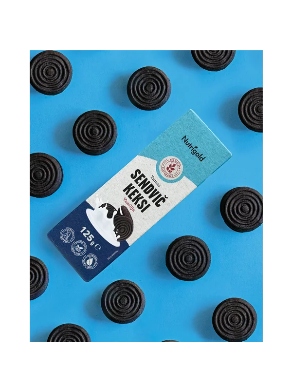 Nutrigold tamni sendvič keksi bez glutena s punjenjem od vanilije bez glutena u pakiranju od 125g