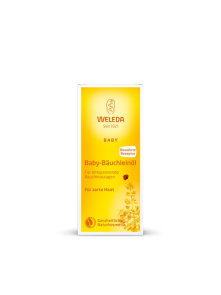 Weleda baby ulje za masažu trbuha u žutoj kartonskoj ambalaži od 50ml.