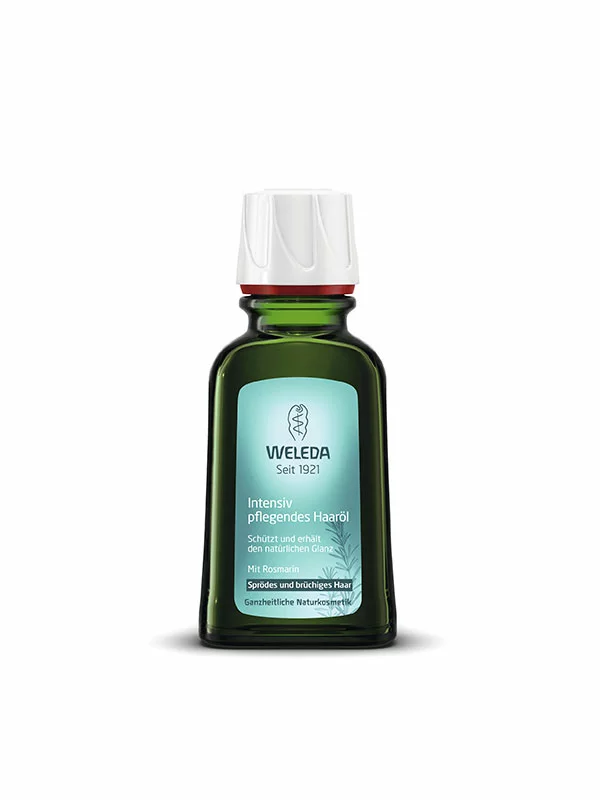Weleda ulje za suhu i lomljivu kosu s ružmarinom u temno zelenoj staklenoj ambalaži 50ml.