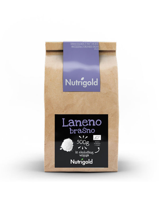 Nutrigold organsko laneno brašno  u smeđoj papirnatoj ambalaži od 500g
