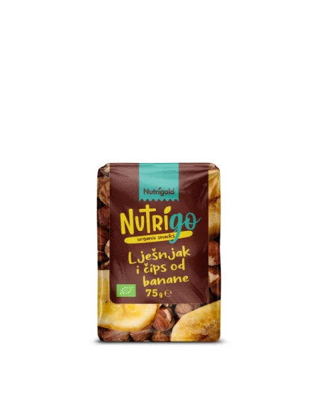 Nutrigold organski lješnjak i čips od banane u prozirnoj ambalaži od 75g