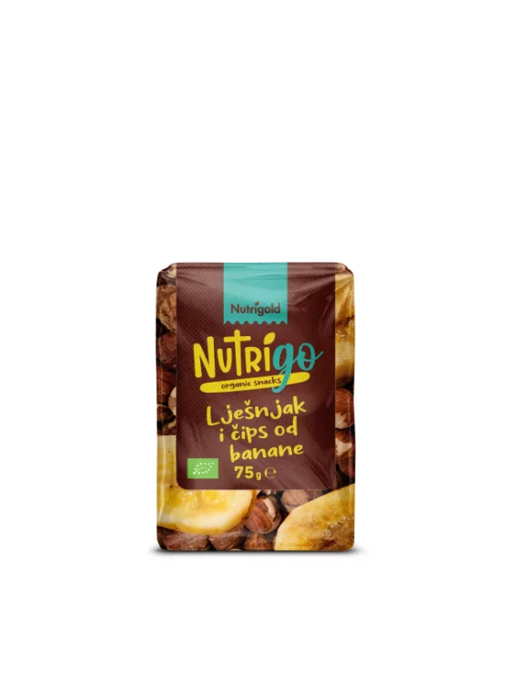 Nutrigold organski lješnjak i čips od banane u prozirnoj ambalaži od 75g
