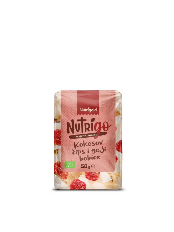 Nutrigold kokosov čips i goji bobice u NutriGO prozirnoj ambalaži od 50g