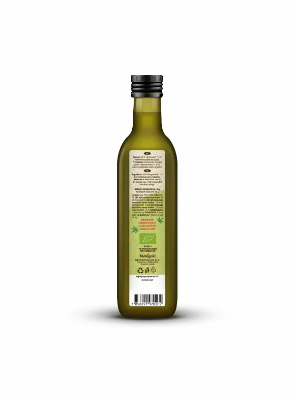 Nutrigold ulje konoplje u tamnoj, staklenoj ambalaži od250ml.