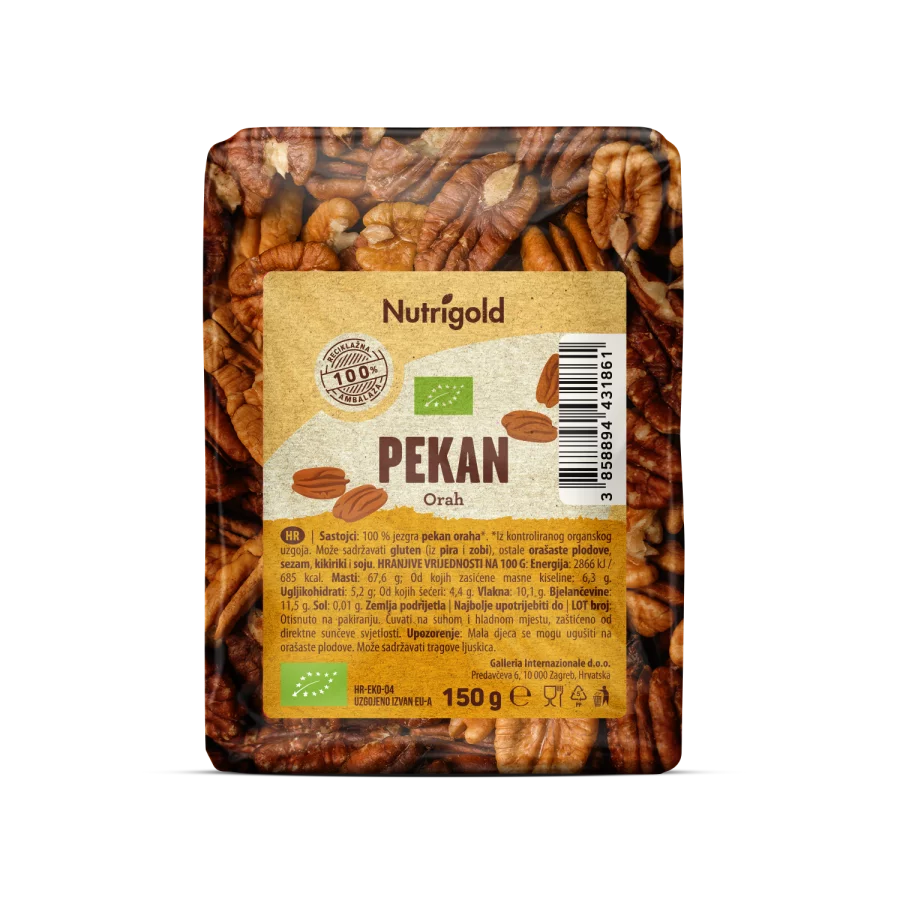 Nutrigold organski pekan orah u prozirnoj ambalaži od 150g