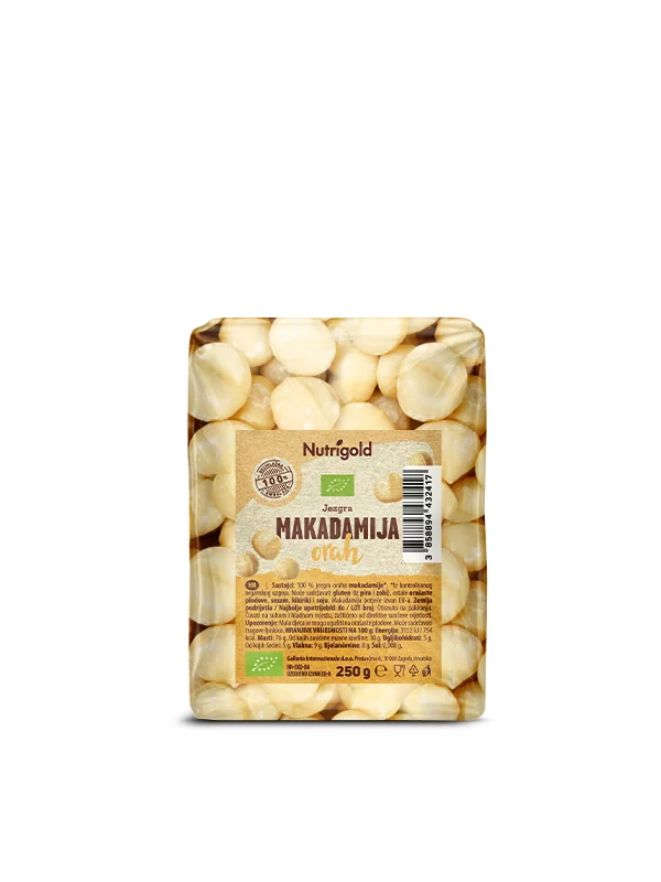 Nutrigold organski makadamija orah u prozirnoj ambalaži od 250g