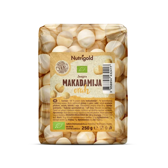 Nutrigold organski makadamija orah u prozirnoj ambalaži od 250g