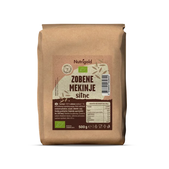 Nutrigold organske zobene mekinje u prozirnom pakiranju od 500g