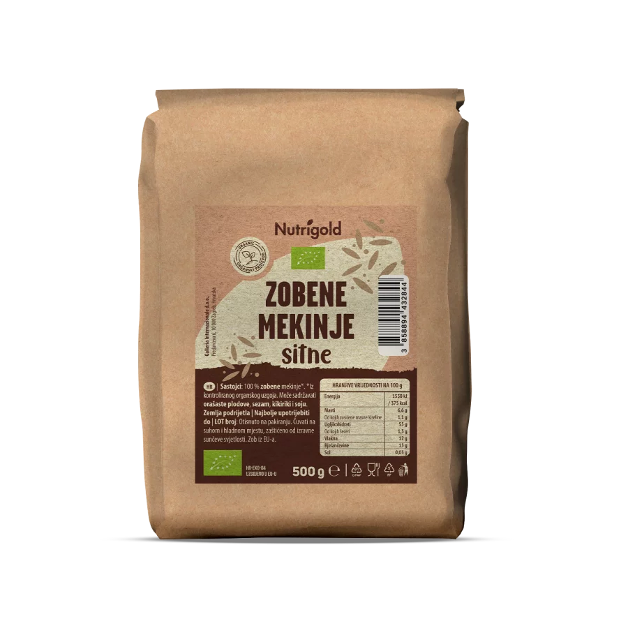 Nutrigold organske zobene mekinje u prozirnom pakiranju od 500g