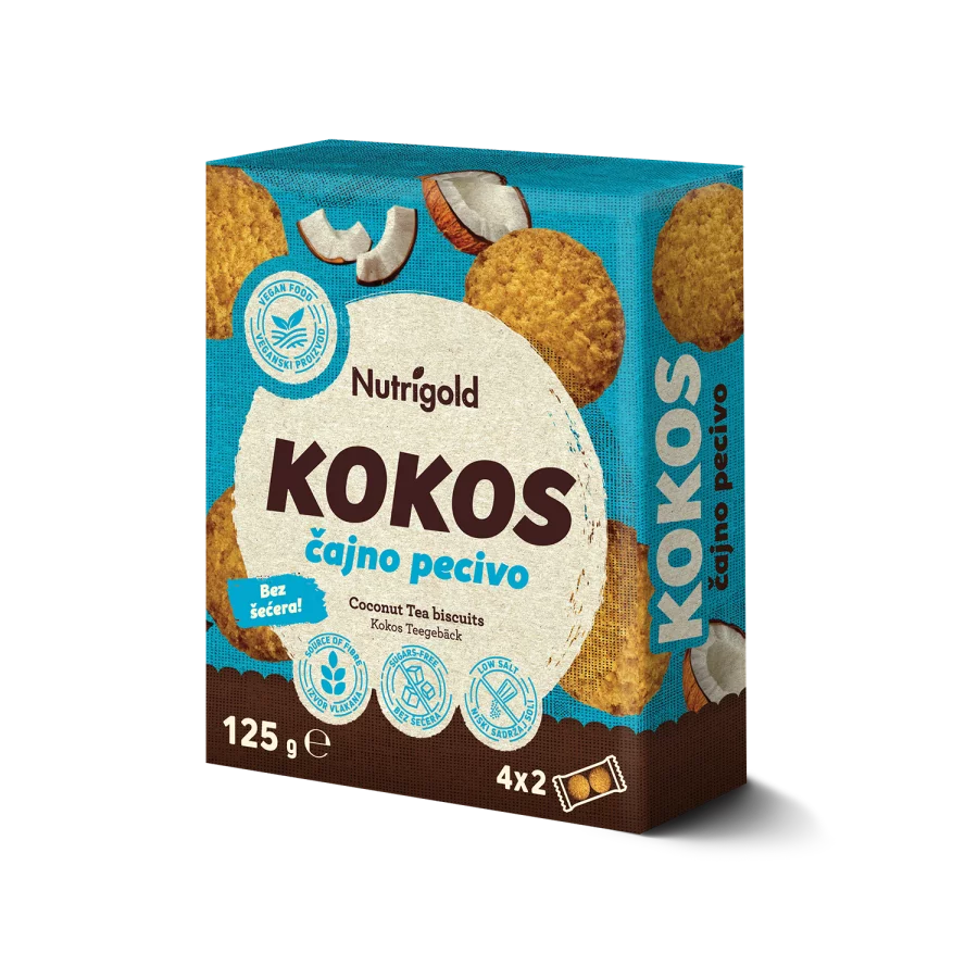 Nutrigold keksi bez šećera s kokosom u praktičnoj ambalaži od 125g