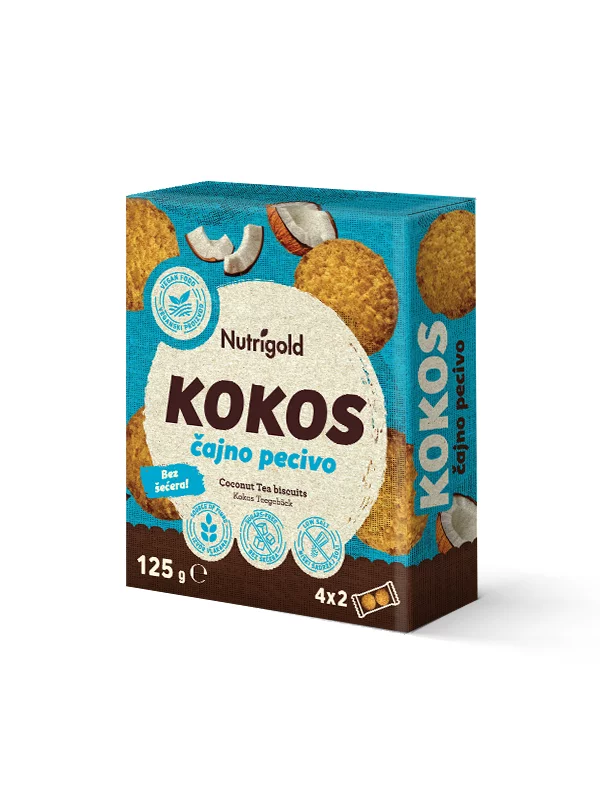 Nutrigold keksi bez šećera s kokosom u praktičnoj ambalaži od 125g