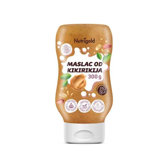 Nutrigold Maslac od kikirikija u prikladnoj squeeze ambalaži od 300gd.