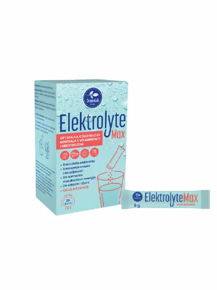 Green lab Napitak s elektrolitima i vitaminom C Elektrolyte max u pakiranju 20 vrećica po 6g.