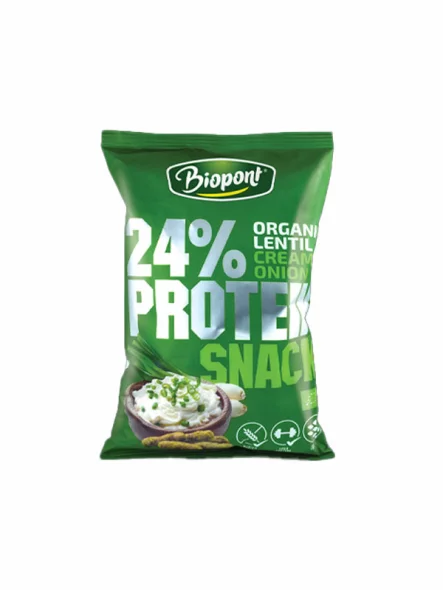 Biopont organski proteinski flips od leće s okusom luka i jogurta bez glutena u pakirnjau od 50g.