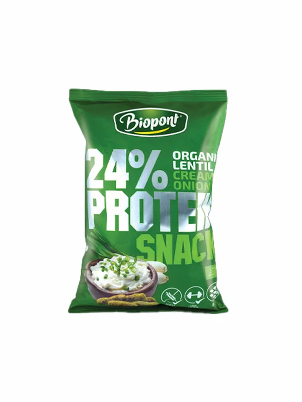 Biopont organski proteinski flips od leće s okusom luka i jogurta bez glutena u pakirnjau od 50g.
